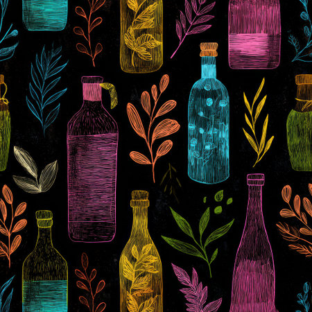 Brightly colored bottles and leaves arranged artistically against a dark background highlight unique designs and showcase creativity in a modern setting.の素材