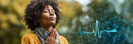Individual with curly hair engages in deep breathing and mindfulness in a peaceful park surrounded by autumn foliage, promoting relaxation and wellness.の素材