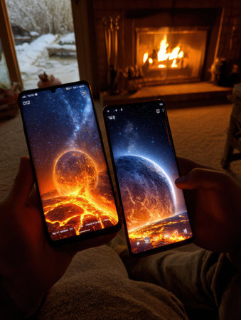 Two smartphones showing vibrant cosmic images are held by a person in a warm, cozy room with a glowing fireplace, creating a relaxed atmosphere.の素材
