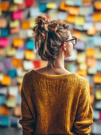 A woman with glasses stands back to the camera, admiring a wall filled with bright sticky notes, deep in thought during a creative brainstorming session.の素材
