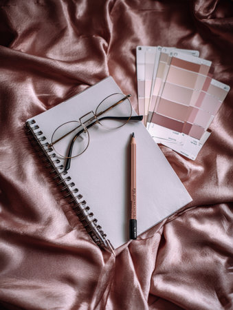 A minimal workspace features a sketchbook with a pencil and glasses beside color swatches arranged on luxurious fabric, perfect for creative projects.の素材
