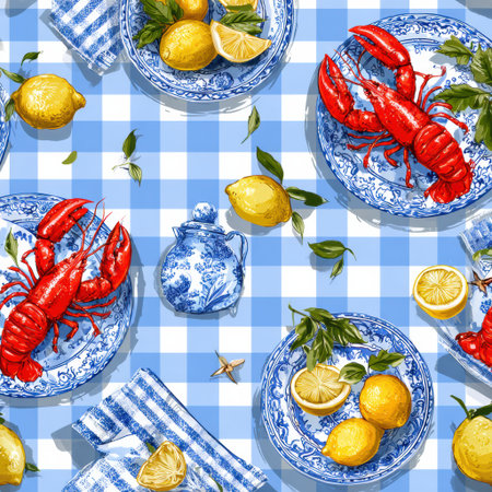 Lobsters and fresh lemons are artistically arranged on blue and white plates atop a checkered tablecloth, creating a vibrant culinary display.の素材