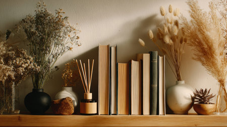 A cozy features shelf books, decorative vases with dried flowers, and a diffuser, creating a warm and inviting atmosphere.の素材