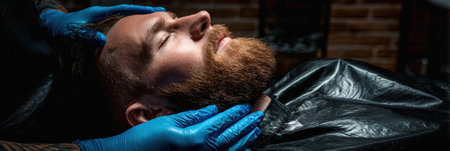 Barber carefully shapes and grooms a mans beard efficient precise techniques while ensuring a comfortable experience in a stylish setting.の素材