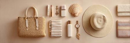 Elegant summer accessories are displayed on a neutral backdrop, showcasing a straw bag, makeup items, and a sun hat, perfect for a sunny day outing.の素材