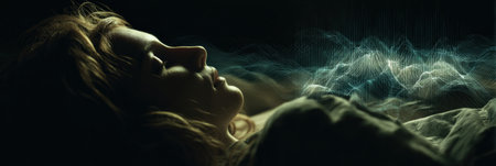 A woman lies peacefully on a bed, surrounded by gentle light and abstract patterns, creating a serene and dreamlike ambiance at night.の素材