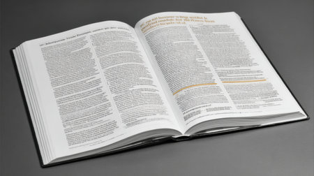 Open book reveals multiple text pages filled with detailed information on topics, showing a variety of fonts and layouts under good lighting.の素材