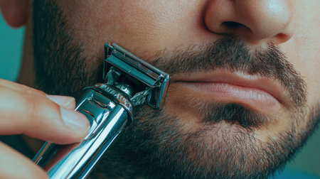 A man carefully trims his beard with an electric razor in a contemporary bathroom, focusing on personal grooming during his morning routine.の素材