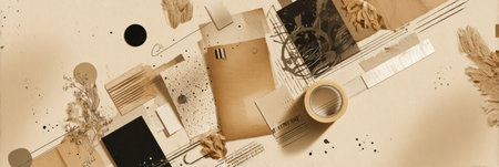A collage of textures, papers, and natural elements laid out on a neutral background, highlighting creativity and artistic flair in a unique composition.の素材