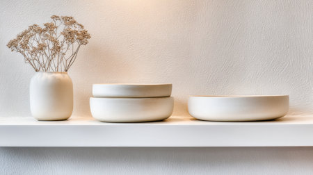 Neutral-toned clay bowls and a small vase with dried flowers are neatly arranged on a white shelf against a plain wall, highlighting simplicity and elegance.の素材