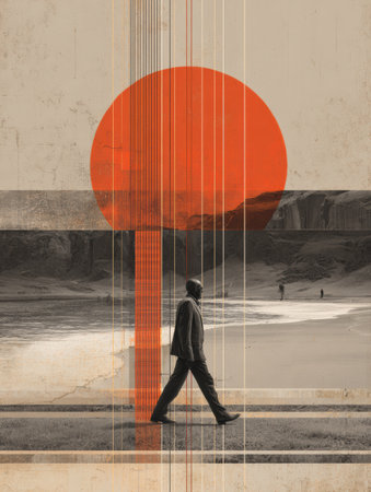 A man in formal attire strolls along the shoreline at sunset, with a striking red sun in the background and rocky formations framing the scene.の素材