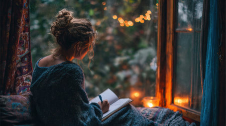 A person sits comfortably by a window, writing in a notebook while enjoying the glow of candles and soft fairy lights on a tranquil evening.の素材