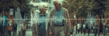 Elderly couple strolls together, laughing and enjoying their time in a bustling city street filled with people on a sunny dayの素材