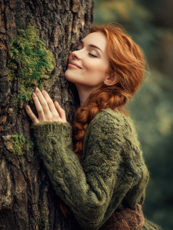 In a tranquil forest, a woman with striking red hair gently hugs a tree trunk, expressing a deep bond with nature while basking in soft, filtered lightの素材