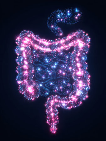 Colorful representation of human intestines created with glowing effects resembling stars in a dark background, illustrating complex shape and structure.の素材