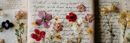 Pressed flowers of various colors are carefully arranged on top of vintage handwritten pages. The soft natural light enhances the floral details and textures.の素材