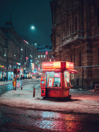 A vibrant kiosk glows in red against a snowy backdrop, surrounded by historical buildings and a bustling city street alive with evening lights.の素材