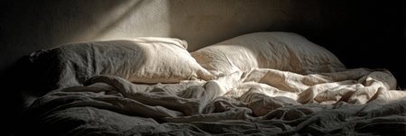 Gentle sunlight filters through a window, casting a warm glow on a messy bed with rumpled, unmade sheets and plush pillows, inviting comfort and peace.の素材