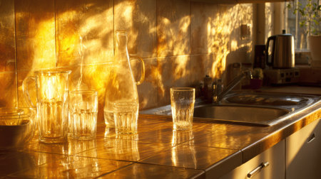 Warm sunlight illuminates the kitchen countertop filled with various glassware, capturing the tranquil beauty of the late afternoon atmosphere.の素材