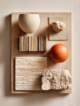Various natural materials are artistically arranged on a wooden board, highlighting different textures, shapes, and colors in a serene environment.の素材