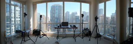 Bright, spacious workspace with a stunning city skyline visible through large windows.の素材