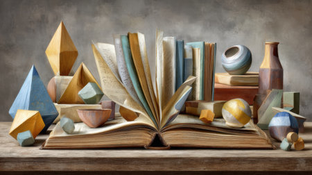An open book displays pages in a warm indoor environment surrounded by various colorful geometric shapes and objects on a rustic wooden table.の素材