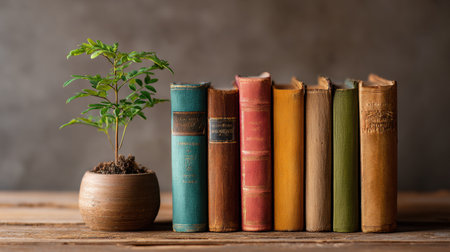 Lined vintage books in various colors rest on a rustic wooden table, accompanied by a small green plant in a pot that brings life to the literary display.の素材