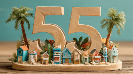 Brightly colored miniature houses surround a large wooden number 55, highlighted by palm trees, creating a festive atmosphere for a special occasion.の素材