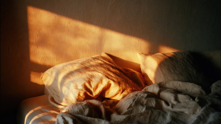 Warm sunlight filters through a window, casting beautiful shadows on rumpled sheets and pillows in a cozy bedroom during early morning hours.の素材