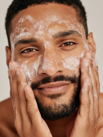 A man applies a foamy cleanser to his face while smiling, enjoying his morning skincare routine in a bright, simple bathroom setting.の素材
