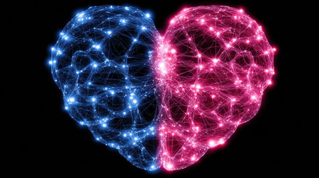 An abstract heart made of blue and pink lights intertwined, symbolizing love and connection amid a dark background, showcasing modern digital artistry.の素材