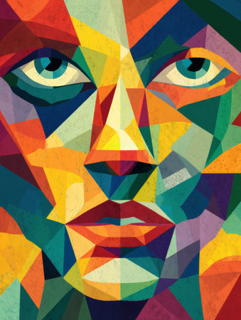 Abstract representation of a human face created with geometric shapes, showing vivid colors and artistic style, conveying emotions and depth.の素材