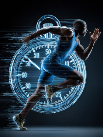 An athlete sprints forward with intense focus, embodying speed and determination while a stopwatch symbolizes the essence of competition.の素材
