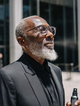 A man with a gray beard stands confidently in a tailored black suit, soaking in the sunlight against a modern building backdrop.の素材