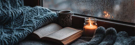 A warm and inviting setting features an open book, a steaming mug, and a lit candle beside a window, with raindrops visible outside.の素材