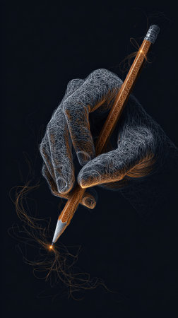 A hand grips a pencil, generating sparks from the tip against a dark background, illustrating the birth of creative ideas and imagination in art.の素材