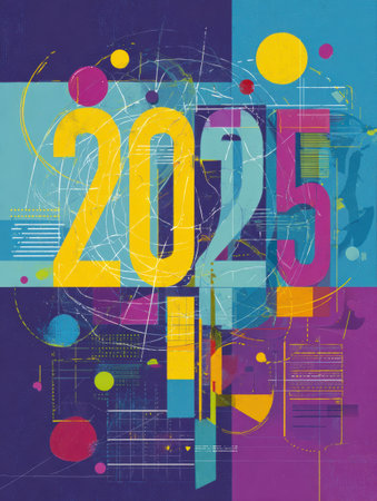 Vibrant colors and dynamic shapes highlight the year 2025, embodying a bold vision of future creativity.の素材