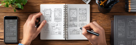 Hands are sketching user interface concepts in a notebook while surrounded by design tools and a smartphone in a bright workspace during the day.の素材