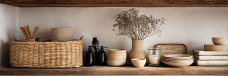 Natural elements beautify a kitchen shelf with woven baskets, sleek black glass, ceramic dishware, and fragile dried flowers.の素材