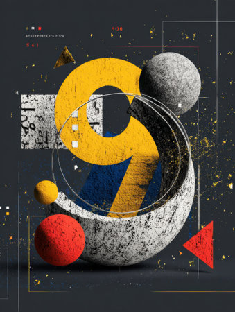 A vivid display of geometric shapes like circles and triangles pops against a dark, textured background with bright colors for contrast.の素材