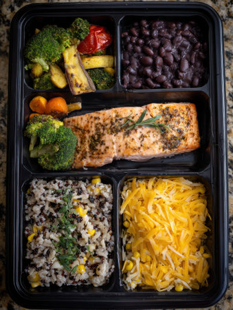Colorful meal prep featuring grilled salmon, black beans, broccoli, carrots, and rice, all arranged neatly for convenient eating throughout the week.の素材