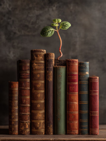 Vintage books stacked on a wooden surface, with a small green plant sprouting from one, showing the blend of nature and learning.の素材