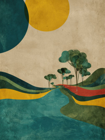 A vibrant landscape features lush hills, a winding river, and trees, all set under a bright yellow sun, showing a serene and artistic atmosphere.の素材