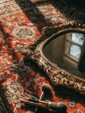 Vintage mirror reflects light while resting on an ornate rug, with makeup brushes casually placed next to it, creating an artistic arrangement.の素材