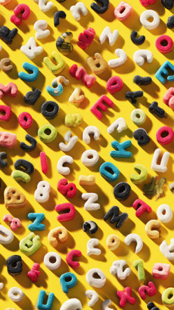 Brightly colored foam letters are randomly arranged on a yellow background, providing a fun and engaging environment for learning and creativity.の素材