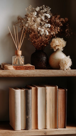 Rustic wooden shelf showcases an array of vintage books alongside decorative vases filled with dried flowers, creating a warm and inviting atmosphere.の素材
