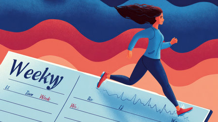 A woman jogs energetically on a weekly planner, embodying determination and motivation against a vibrant background of waves during dawn.の素材