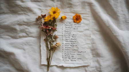 Pressed wildflowers, including yellow blooms, rest on crumpled paper with notes, surrounded by soft, textured fabric.の素材