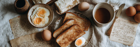 Warm toast, perfectly cooked eggs, and tea are laid out on a rustic table, complemented by handwritten notes and fresh ingredients, creating a cozy vibe.の素材