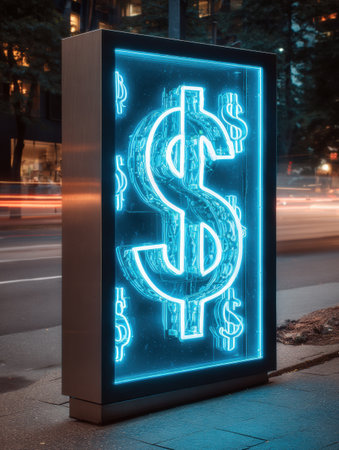 A striking neon dollar sign glows brightly at night against the backdrop of a bustling city, with car lights creating a dynamic atmosphere.の素材
